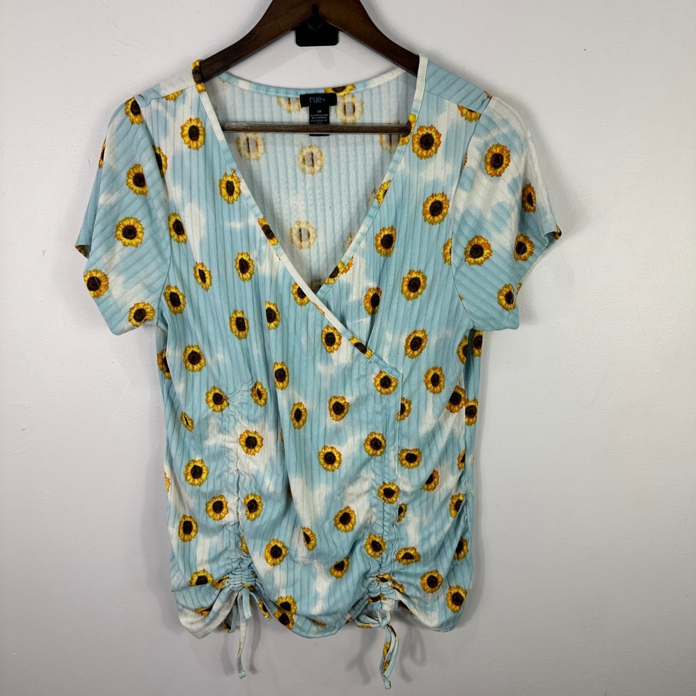 Rue+ Sunflower Faux Wrap Crop Top Womens 2X Blue Ribbed Ruched Y2K Boho Coquette